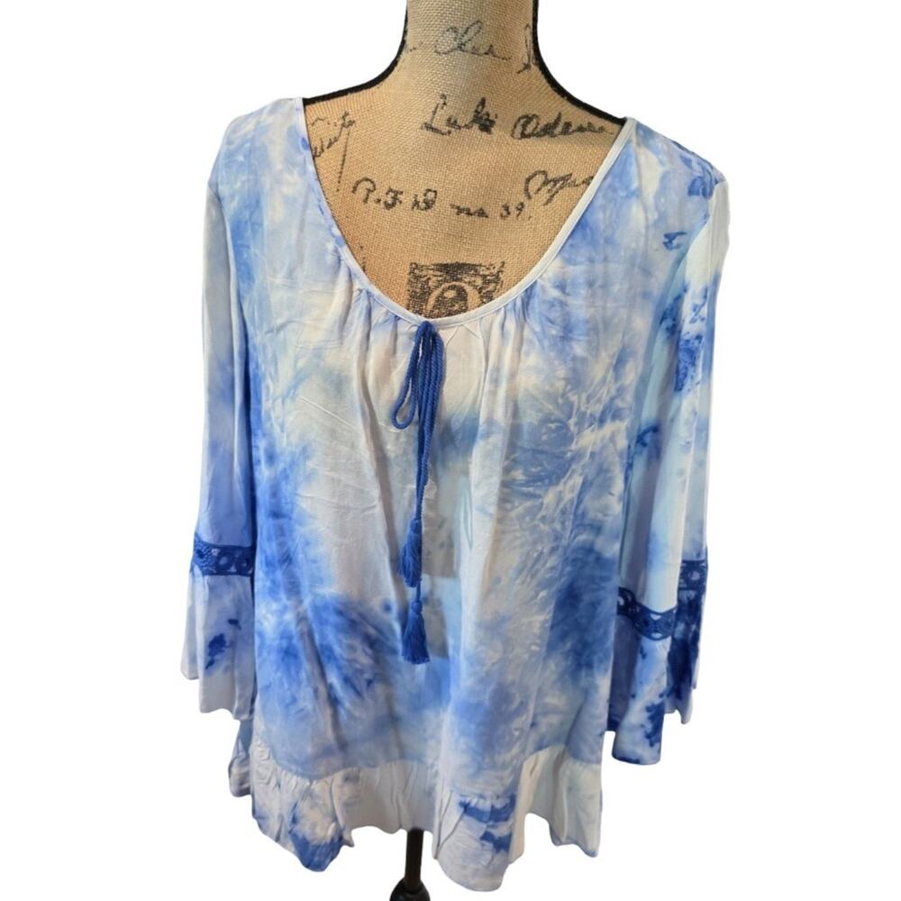 Unique Spectrum Blue White Tie Dye Boho Tassel Tie Neck Bell Sleeve Top 1X NEW